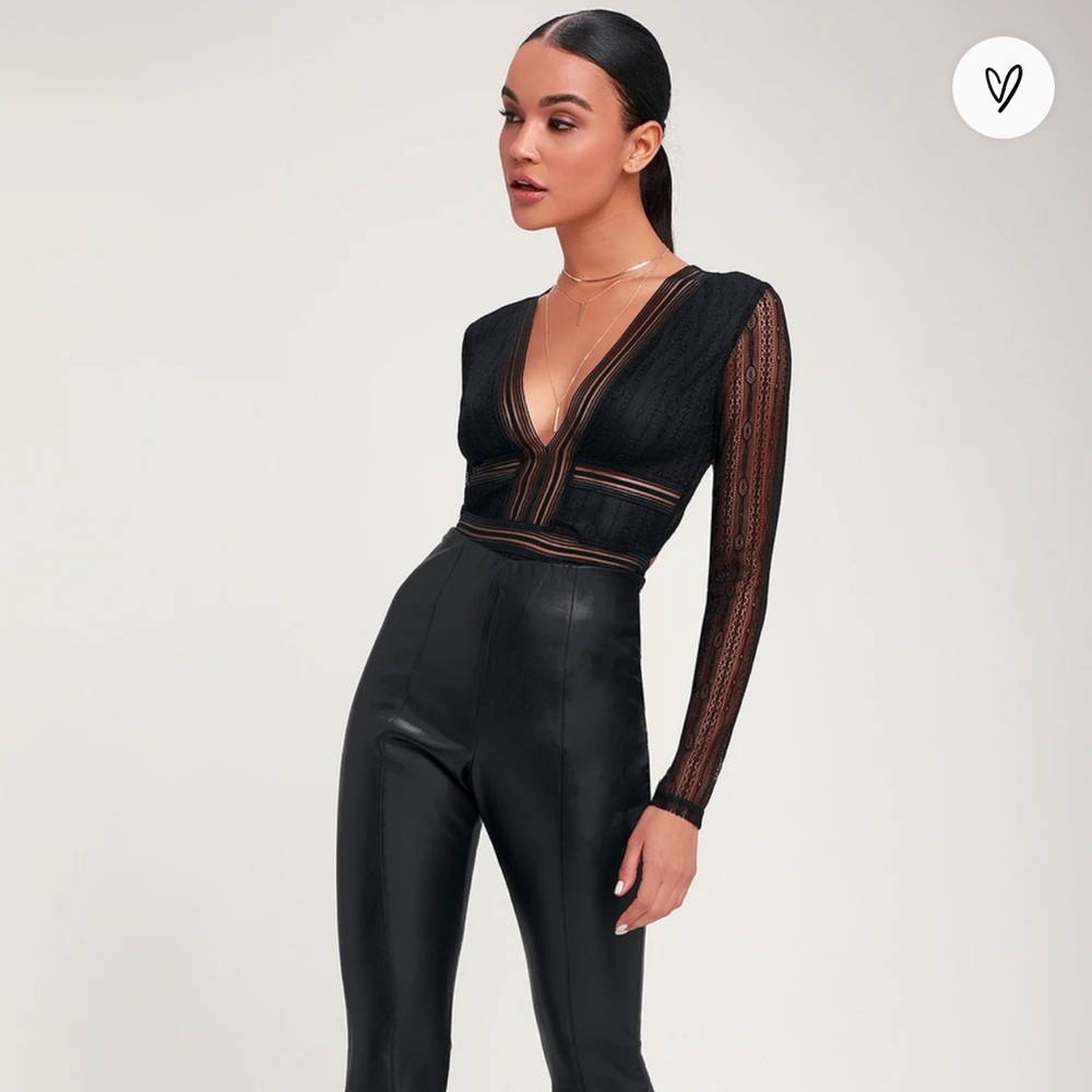 Casita Black Sheer Lace Long Sleeve Bodysuit